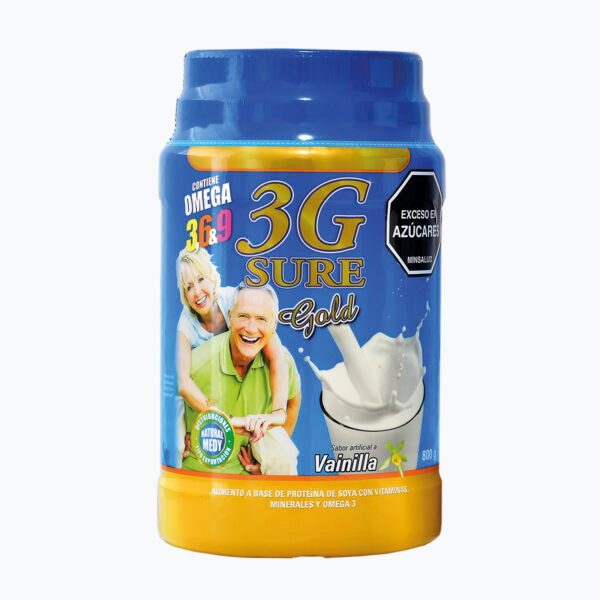 Suplemento proteico de vainilla 3G Sure Gold para adultos mayores, con vitaminas, minerales y omega.