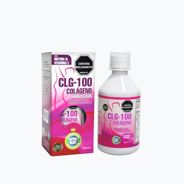 Botella y caja de suplemento de colágeno hidrolizado CLG-100 en tienda naturista.