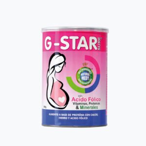 Suplemento G-STAR en envase con mujer embarazada ilustrada, beneficios para embarazo y salud.