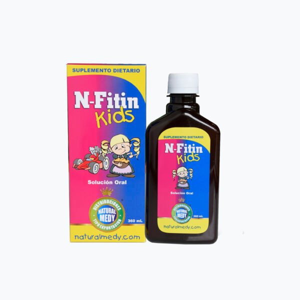Frasco y caja de N-Fitin Kids, suplemento oral para niños, en tienda naturista.