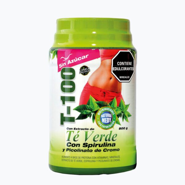 Envase de Té Verde con Spirulina y Cromo, suplemento natural para salud y bienestar.