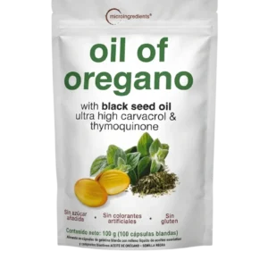 Suplemento de aceite de orégano en cápsulas con semillas de negro y hierbas.