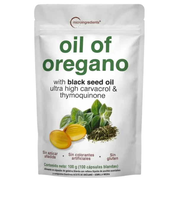 Suplemento de aceite de orégano en cápsulas con semillas de negro y hierbas.