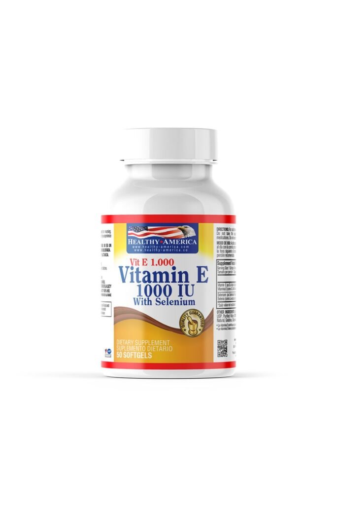 Suplemento de Vitamina E 1000 IU con Selenio en cápsulas, ideal para fortalecer el sistema inmunológ.
