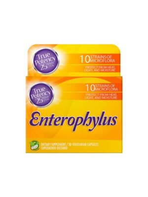 Cápsulas de Enterophylus, suplemento probiótico para salud digestiva y refuerzo inmunológico.