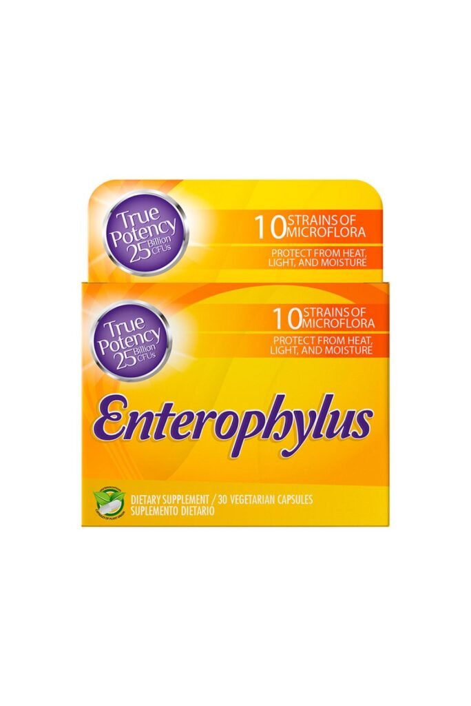Cápsulas de Enterophylus, suplemento probiótico para salud digestiva y refuerzo inmunológico.