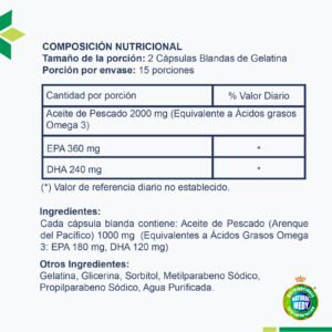 Aceite de Pescado 2000 mg, fuente de Omega 3, en cápsulas blandas para salud cardiovascular.