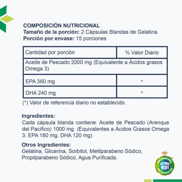 Aceite de Pescado 2000 mg, fuente de Omega 3, en cápsulas blandas para salud cardiovascular.