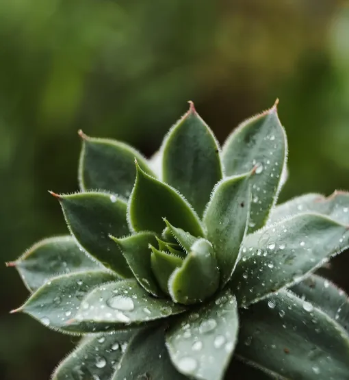 Planta suculenta con gotas de agua en sus hojas, en un entorno natural y verde.