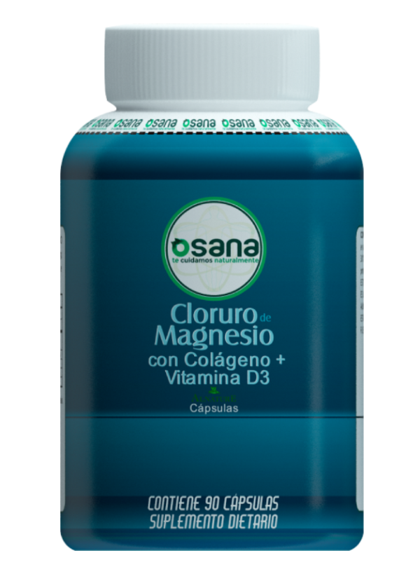 Suplemento de Cloruro de Magnesio con Colágeno y Vitamina D3 en cápsulas.