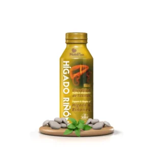 Jarabe natural para hígado y riñones, 500 ml, en envase amarillo con etiqueta.