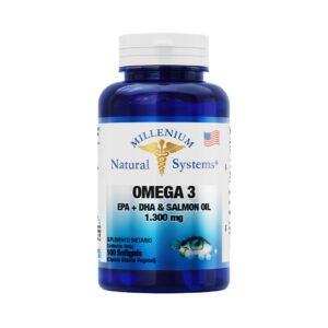 Cápsulas de Omega 3 1300mg con aceite de salmón en envase azul.