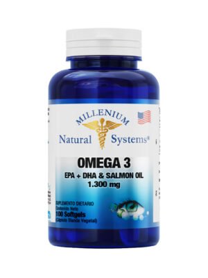 Cápsulas de Omega 3 1300mg con aceite de salmón en envase azul.
