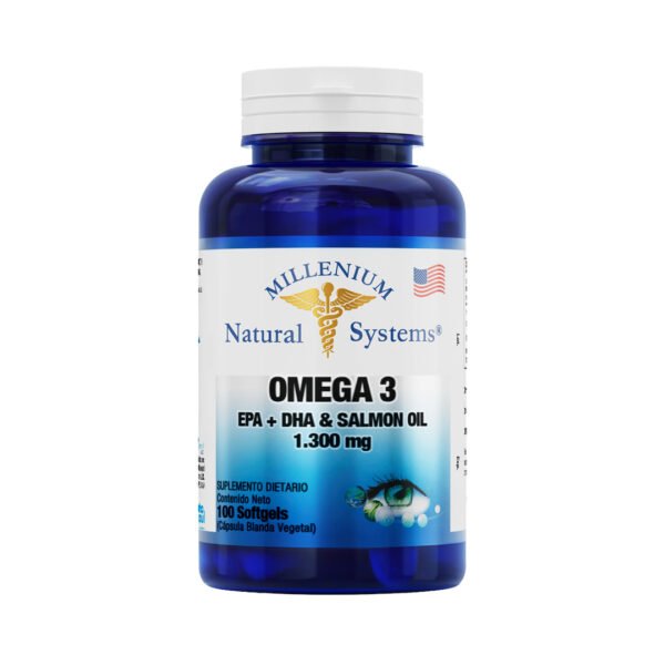 Cápsulas de Omega 3 1300mg con aceite de salmón en envase azul.