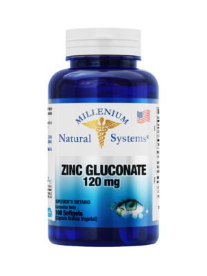 Suplemento de zinc gluconato y omega 3 en cápsulas blandas vegetales.