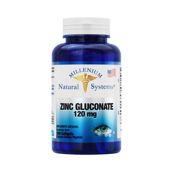 Suplemento de zinc gluconato y omega 3 en cápsulas blandas vegetales.