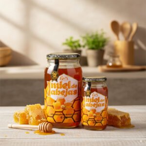 Miel de abejas con propóleo, jengibre y limón en frascos pequeños y grandes.