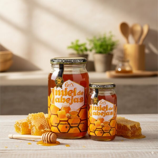 Miel de abejas con propóleo, jengibre y limón en frascos pequeños y grandes.
