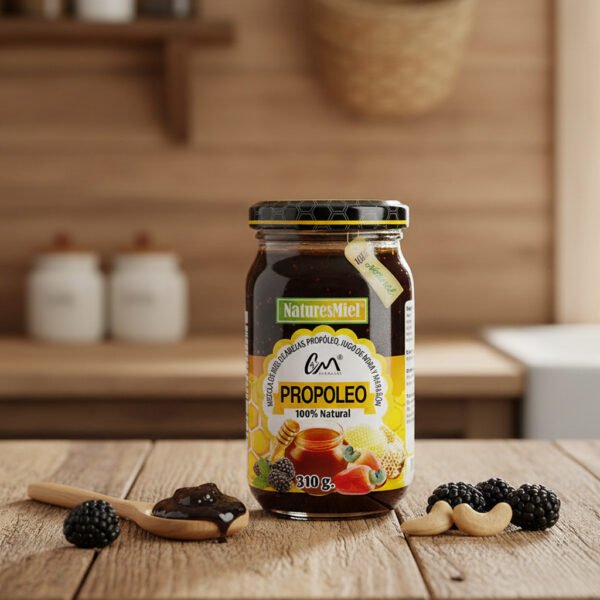 Propóleo con miel y jengibre, 310 g, en frasco de vidrio.
