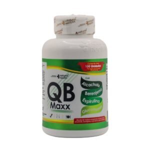 Suplemento natural QB Maxx con hierbas y ingredientes naturales para bienestar.