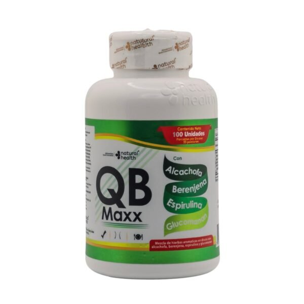 Suplemento natural QB Maxx con hierbas y ingredientes naturales para bienestar.