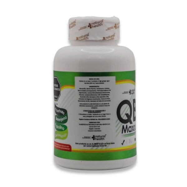 Suplemento Qb Max Tabletas en envase blanco con etiqueta verde y detalles en negro y amarillo.
