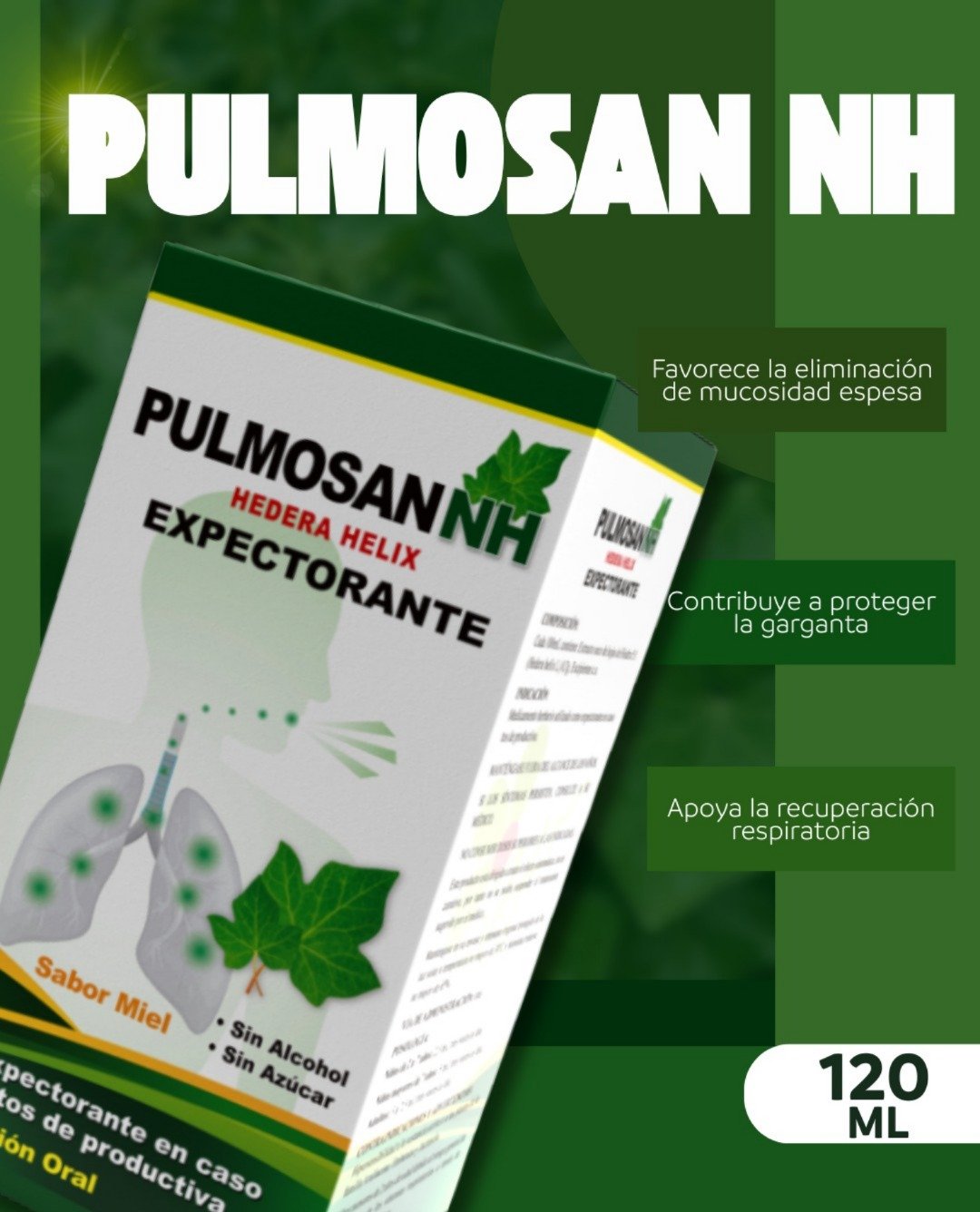 Producto naturista Pulmosan NH para aliviar problemas respiratorios.