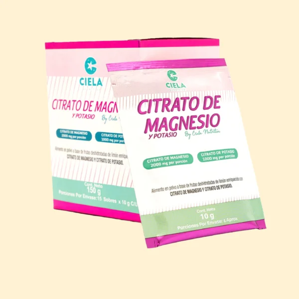 Sachets de Citrato de Magnesio y Potasio, 15g, para salud natural.